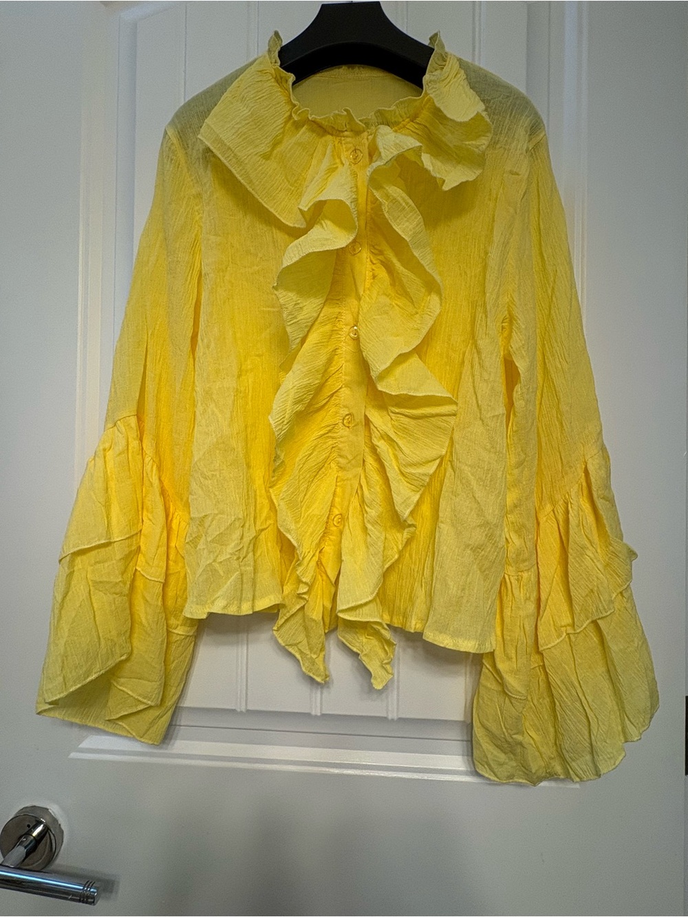 New Yellow Button Up Ruffle V-Neck Blouse in size L - Picture 2 of 4